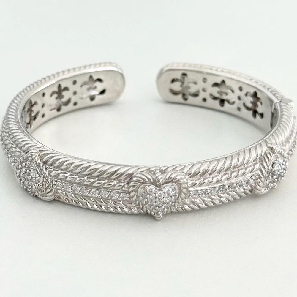 Judith Ripka Clear CZ Triple Heart Diamonique Heavy Silver Cuff Bracelet